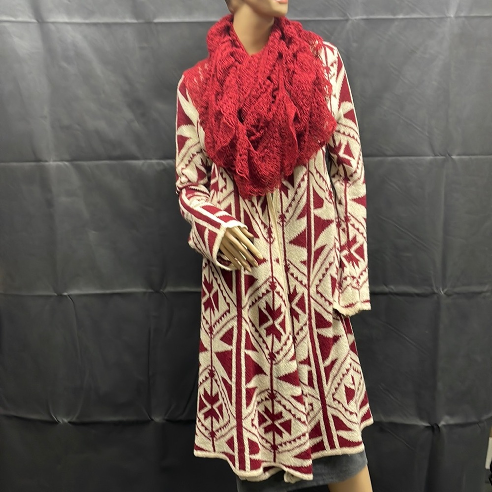 Morning Apple Women's Rust & Cream Aztec Open Hoodie Cardigan with Scarf